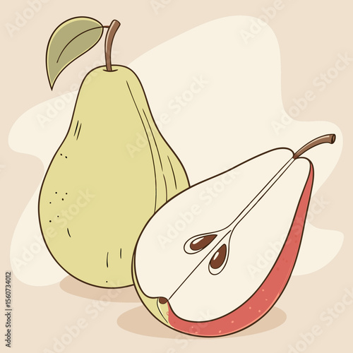 Illustration of a whole pear and a sliced pear on a soft beige background 