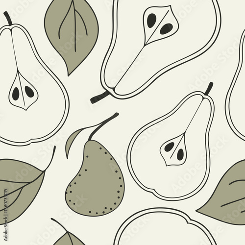 Pattern of pears and leaves on a soft cream background 