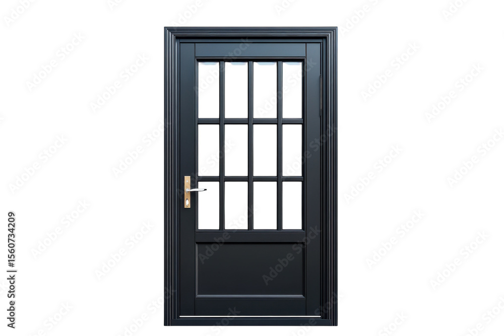 A sleek black paneled door beckons with hidden stories behind glass promising new beginnings on transparent background A sleek black paneled door beckons with hidden stories behind glass promising new beginnings on transparent background