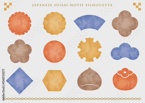 和モチーフのシルエット（10月の色 水彩カラー）
