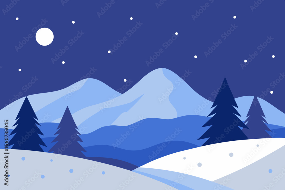 Naklejka premium Stylized Winter Landscape with Mountains Trees Moon and Stars in Blue Tones