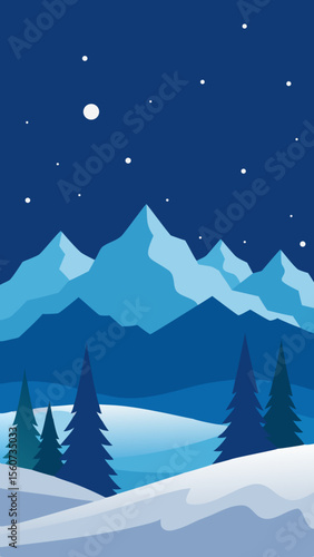 Winter Night Landscape with Mountains Snow and Trees in Blue Tones