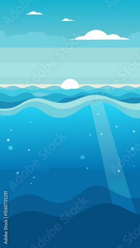Serene Ocean Scene with Sun Waves Clouds and Underwater Light Rays