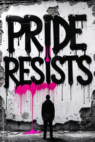 Powerful Urban Graffiti 'RESIST' Painted with Dripping Black Letters and Bright Green Paint Splatters on Cracked Concrete Wall, Conceptual Street Art for Civil Rights, Defiance, and Anti-Authority