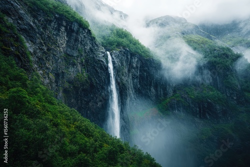 Misty waterfall cascading down steep, rocky mountain face. Lush green foliage clings to the slopes