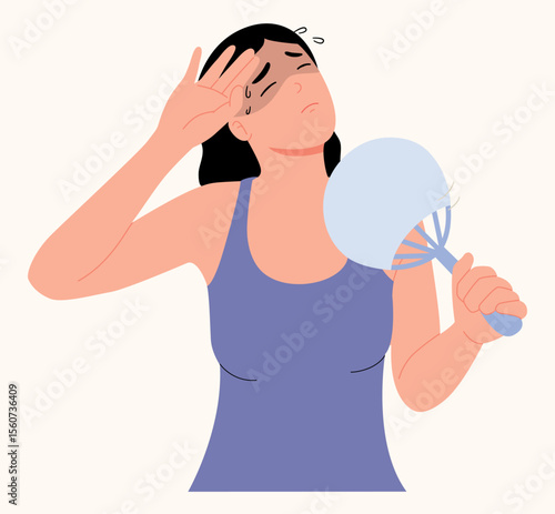 Hot, sweaty woman uses a hand fan