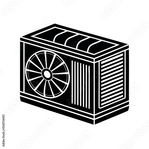 Isometric illustration of an outdoor air conditioning unit in black and white