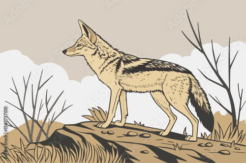  Wild Jackal Standing on Rock - Savannah Wildlife Illustration