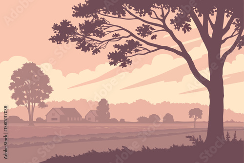  Rural Landscape Sunset Farm Scene Illustration - Countryside Horizon View