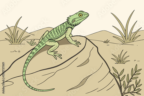 Green Lizard on Rock in Desert Landscape Illustration