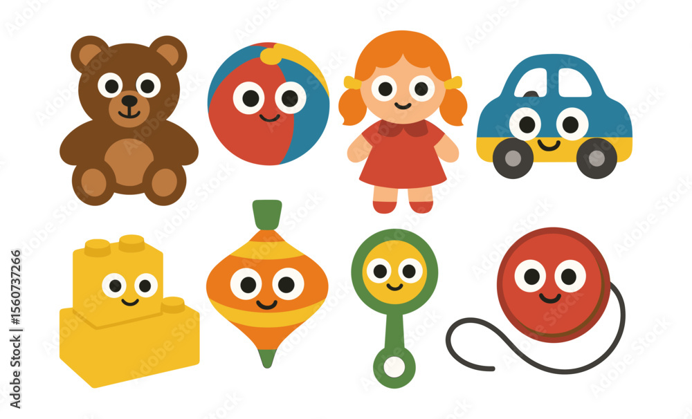 Obraz premium Cute retro toys collection with bear, doll, and colorful playthings