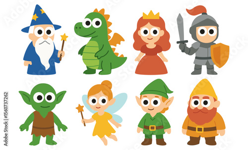 Cute cartoon fantasy characters set featuring wizard, dragon, fairy, knight, and more