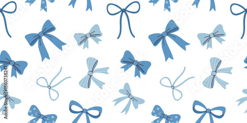 Vector sweet blue bows in seamless pattern. Feminine coquette style for wrapping, textile, decor. Wrapping design. Bow background.