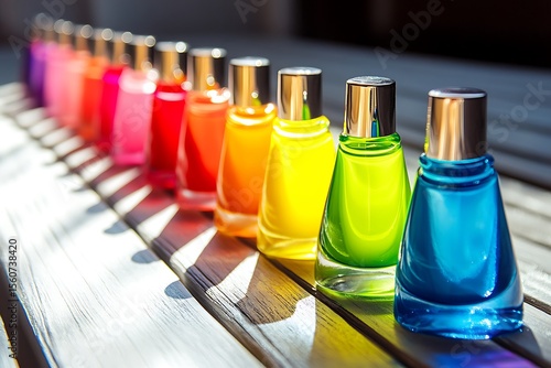 Wallpaper Mural Vibrant Rainbow Perfume Bottles on Rustic White Wood Background Torontodigital.ca