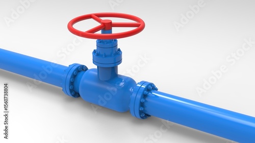 3d Render image of blue colored pipeline and red colored valve on isolated background.