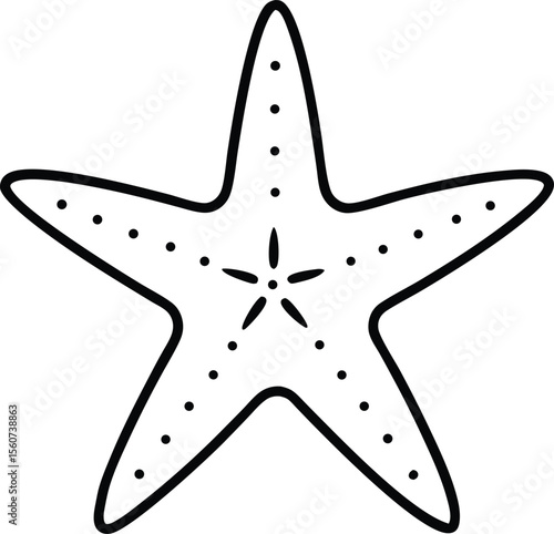 Simple black and white outline illustration of a starfish showing details in design