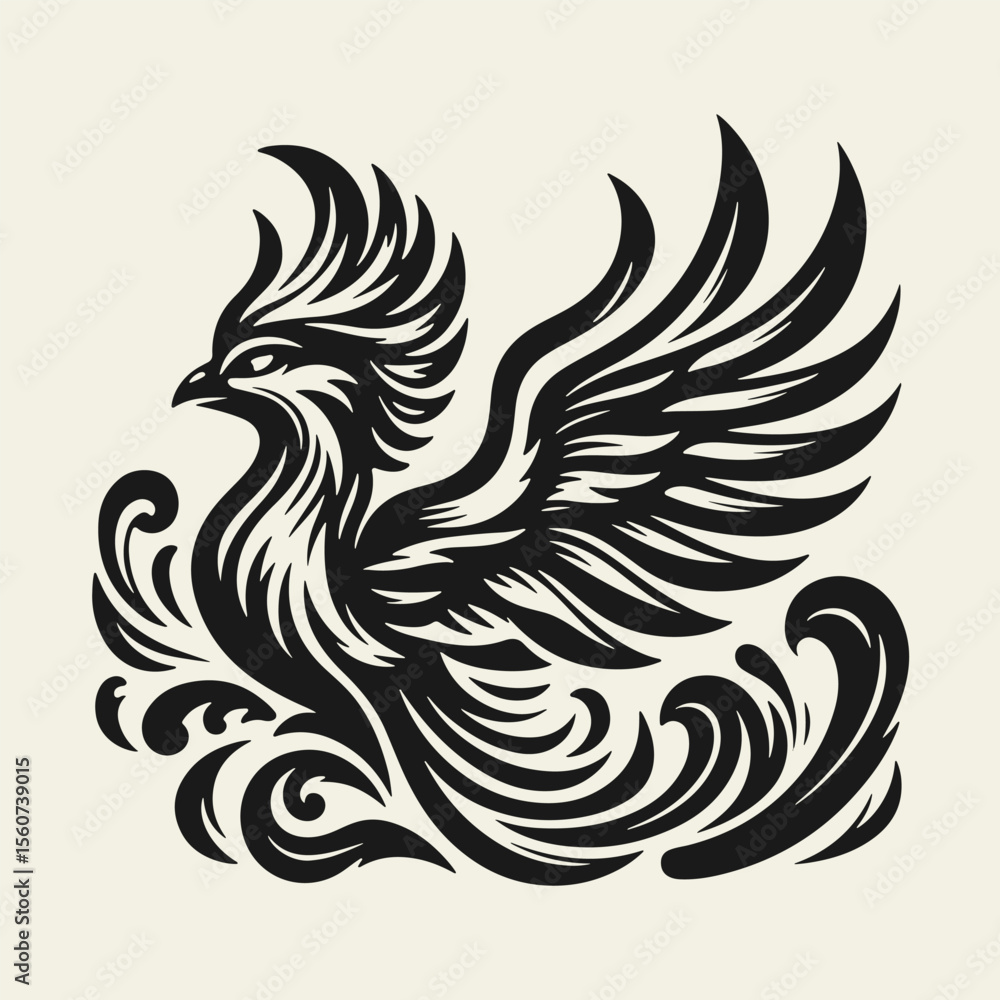 Obraz premium Black and white silhouette tattoo design of a phoenix bird, stylized in vintage woodcut or linocut technique. Clean lines, retro aesthetic, powerful mythical creature rising.