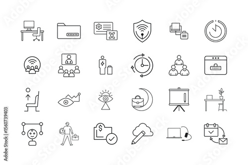 Remote Work Icon Set Home Office Virtual Meetings Cloud Collaboration Time Management Cybersecurity and Digital Workspace Symbols
