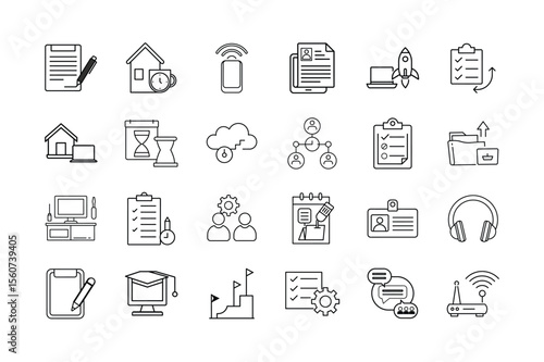 Remote Work Icon Set Home Office Cloud Access Task Management Online Collaboration Productivity Tools and Virtual Communication Symbols