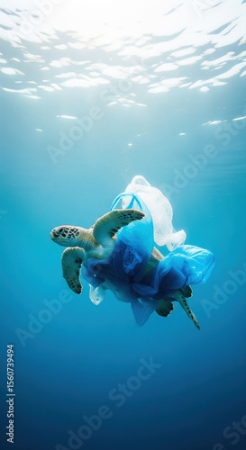 A distressed sea turtle entangled in plastic waste swims underwater, a stark reminder of ocean pollution and its devastating impact on marine life in blue ocean .