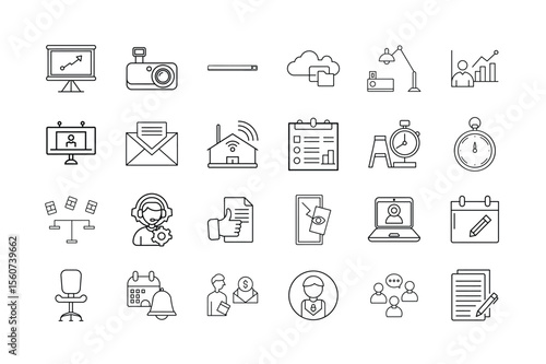 Remote Work Icon Set Virtual Meetings Home Office Setup Online Collaboration Cloud Sharing Productivity Tools and Telecommuting Symbols