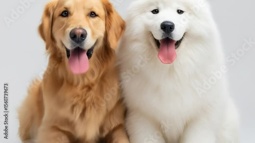 A golden retriever and a Samoyed sit side-by-side, both panting with tongues out, against a plain background.