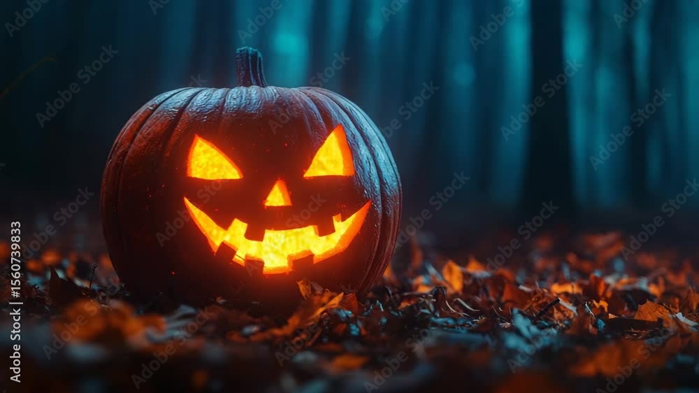 Halloween background. A glowing jack-o'-lantern with a carved face sits on autumn leaves in a dark, spooky forest. Halloween background. A glowing jack-o'-lantern with a carved face sits on autumn leaves in a dark, spooky forest.