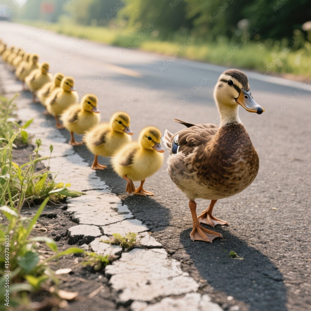 Fototapeta premium A cute family of ducks crossing the road in a straight line, mother duck walking in front and ducklings following the white stripes along the road on a sunny day .
