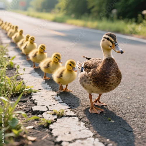 A cute family of ducks crossing the road in a straight line, mother duck walking in front and ducklings following the white stripes along the road on a sunny day .