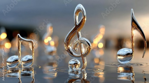 Transparent glass music notes on reflective surface, glowing with soft light in surreal composition