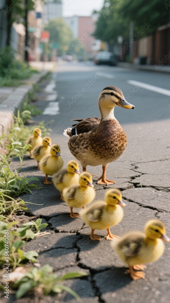 Fototapeta premium A delightful scene unfolds as a mother duck leads her adorable ducklings in a perfect line across a cracked city street, creating a heartwarming moment of urban wildlife .