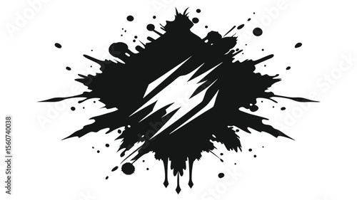Abstract black ink blot design with geometric shape and splatters on a white background