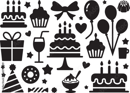Collection of Birthday Celebration Icons Set with Cake Balloons Gifts and Party Elements