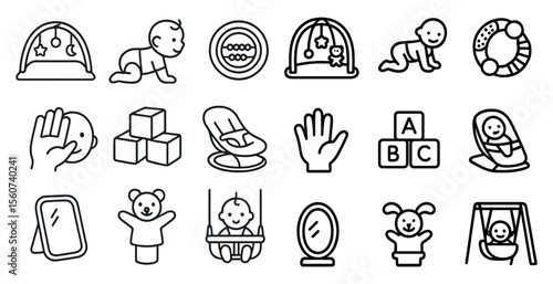 Collection of baby items including a teddy bear, a baby swing, a baby bed, and a baby car seat