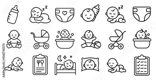 Collection of baby-related icons, such as a bottle, stroller, crib, and diaper. These icons represent the various aspects of a baby's life, from feeding to sleeping and playtime