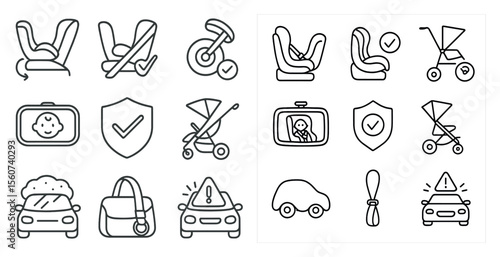 Set of icons for baby car seats, strollers, and other baby products. The icons are all in black and white and include a car seat, a stroller, a baby carrier, and a car seat