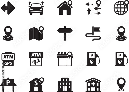 Collection of black and white location and navigation icons on a white background