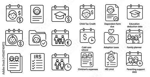 Set of icons for a calendar that includes a child's birth date, a child's adoption date, and a child's graduation date
