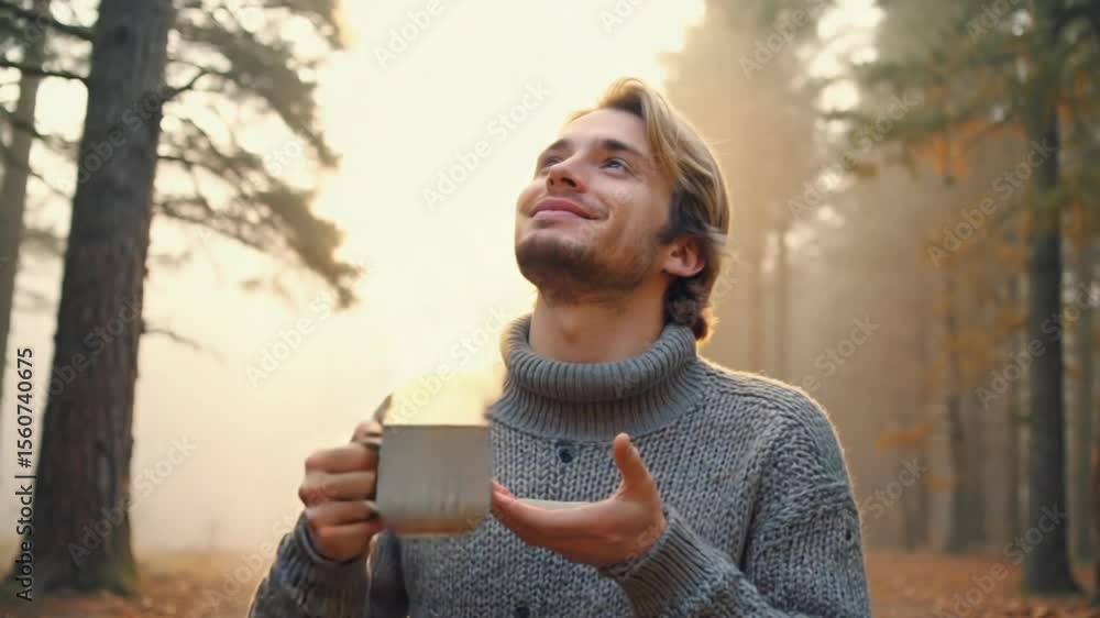 Young caucasian male enjoying hot beverage in tranquil forest morning. Young caucasian male enjoying hot beverage in tranquil forest morning.