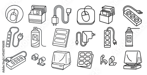 Collection of electronic items including a mouse, a keyboard, a computer, a printer, and a cell phone