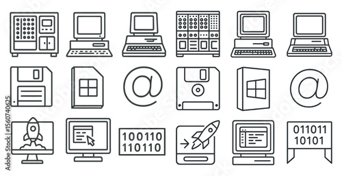 Set of computer icons in a line. The icons include a floppy disc, a floppy disc with a rocket on it, a floppy disc with a mouse on it, a floppy disc with a keyboard on it