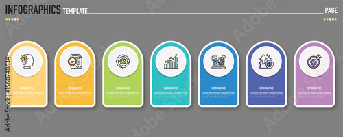 Rectangular infographic template or element with 7 step, process, option, colorful rectangle, icons, triangle, paper origami, button, tag, circle, circular, square bar for sale slide, internet planner