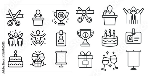 Collection of black and white icons that represent various celebratory events such as a birthday, a wedding, and a graduation