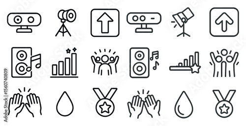 Set of icons that represent various things such as music, sports, and awards. The icons are all in black and white and are arranged in a grid