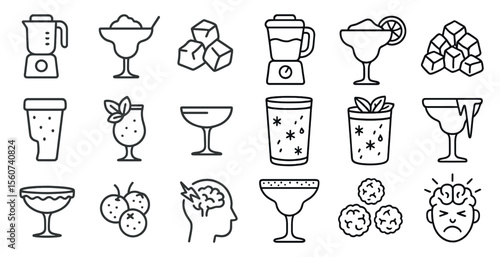 Set of drink glasses and a blender are shown in a white background. The glasses include martini glasses, wine glasses, and shot glasses. The blender is positioned in the middle of the image