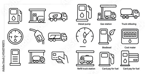 Series of icons for gas stations and gas pumps. The icons include a clock, a credit card, a truck, and a gas pump