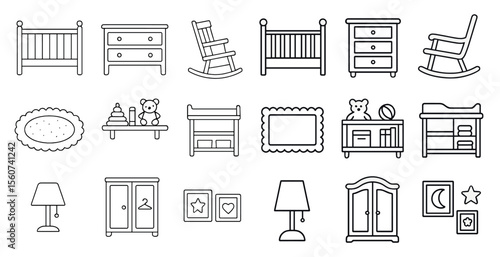 Collection of baby furniture including a crib, rocking chair, dresser, and nightstand. The furniture is all white and arranged in a way that suggests a nursery or a baby's room