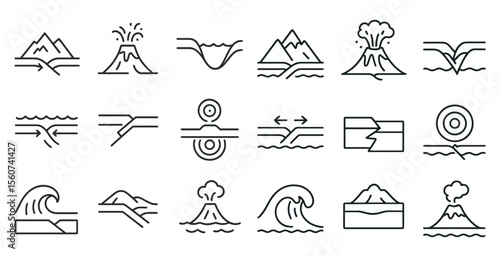Series of line drawings of natural disasters such as volcanoes, earthquakes, and tsunamis