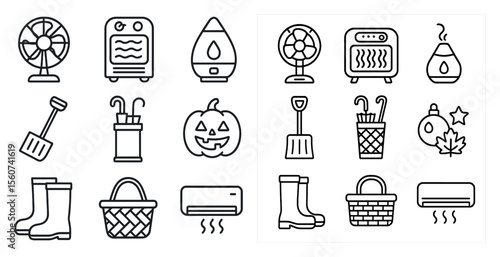 Set of icons for home appliances and items, including a fan, oven, and a pumpkin
