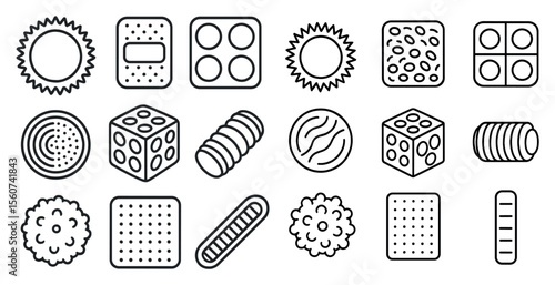 Collection of various shapes and sizes, including squares, circles, and triangles. The shapes are all different sizes and are arranged in a grid